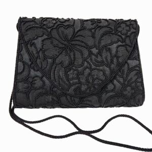VTG Henry Birks Black Beaded Envelope Clutch Bag with Rope Shoulder Strap, 1990s